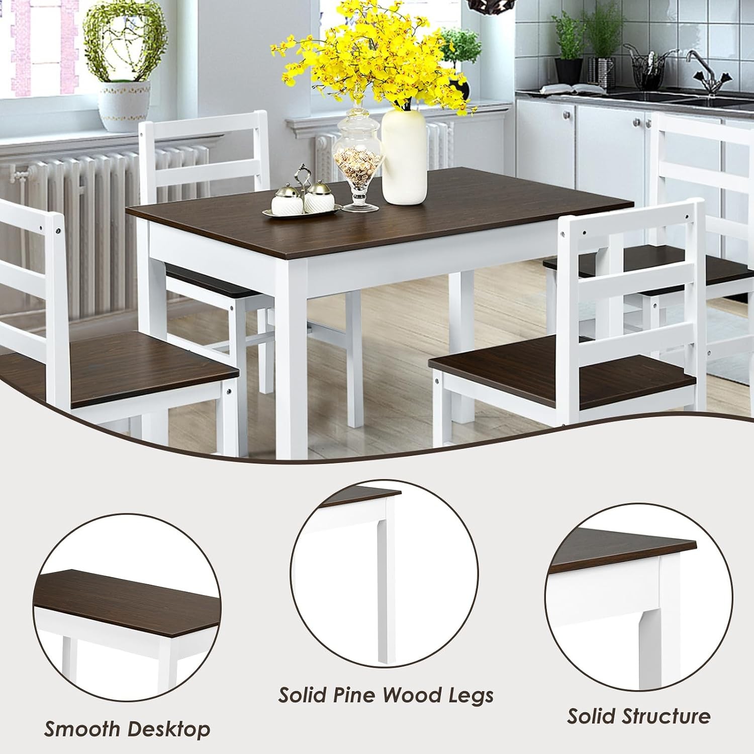 5-Piece Dining Set of 4 Solid Wood Rectangular Table & 4 Chairs Farmhouse