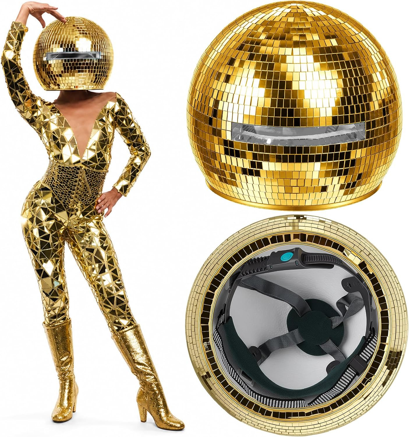 11.81 Inch Disco Ball Helmet Adult Gold Glitter Glass Hat Novelty Punk Disco Bal