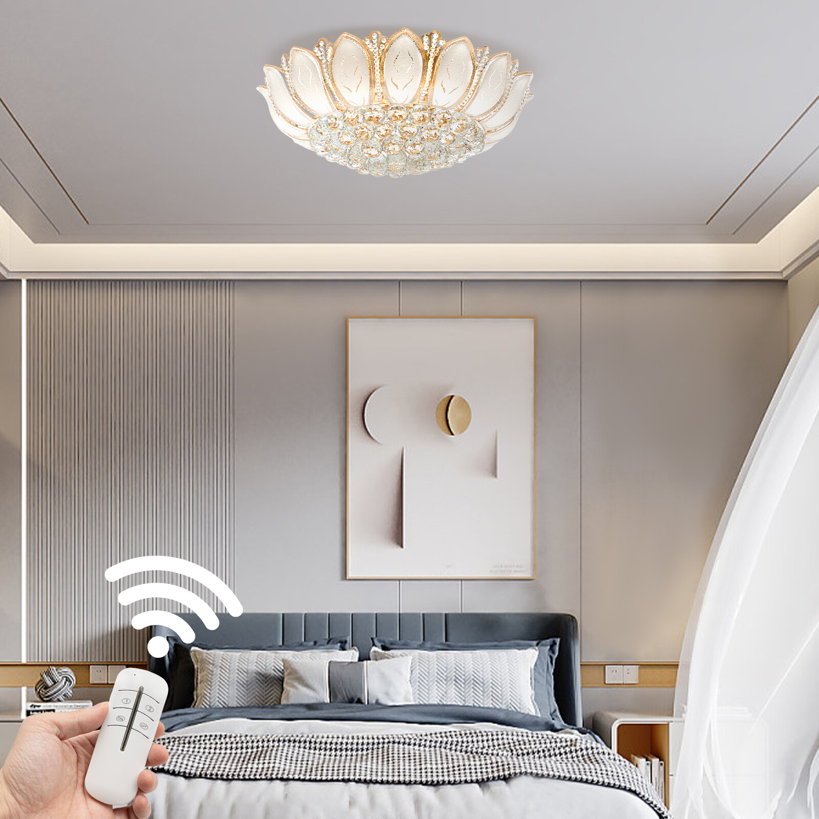 Flush Mount LED Ceiling Lamp K9 Crystal Chandelier Pendant Lotus Light Fixture