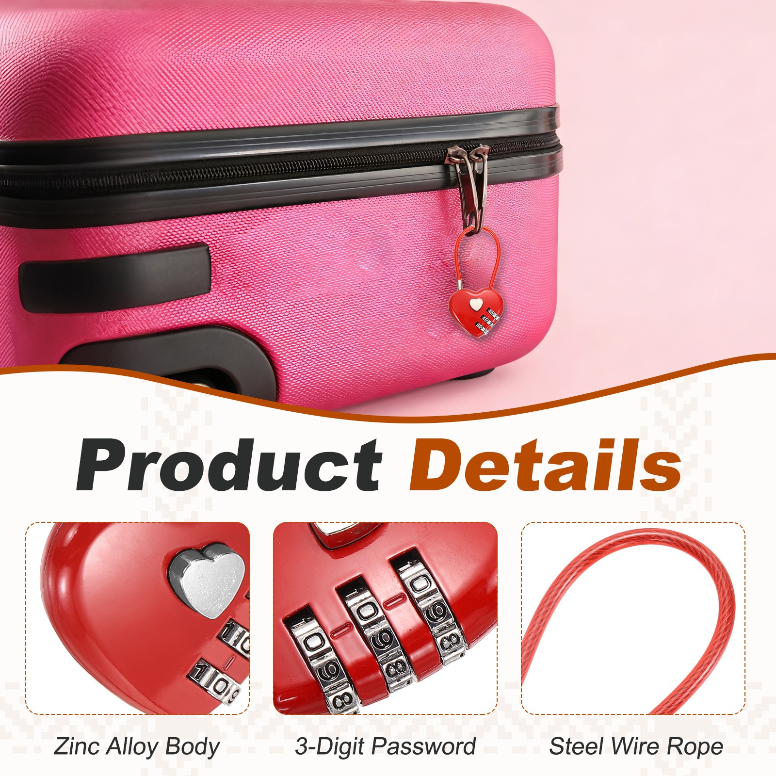 Combination Padlock (7.9 Inch, Red)(2 Pcs), 3-Digit Heart Shaped Combo Padlock