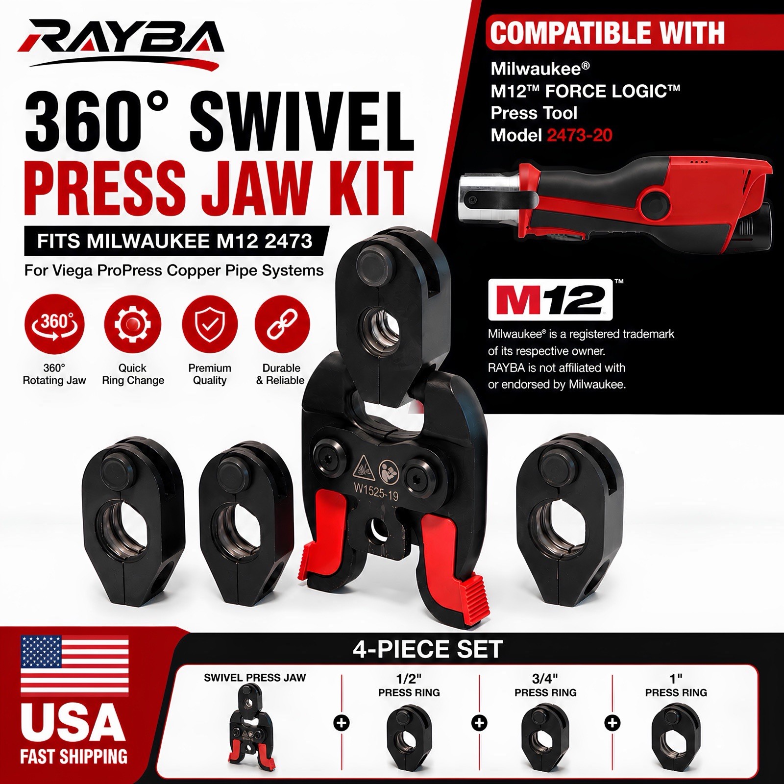 Rotatabl Ring Jaw Set 1/2 3/4 1" For milwaukee m12 press jaws 2473