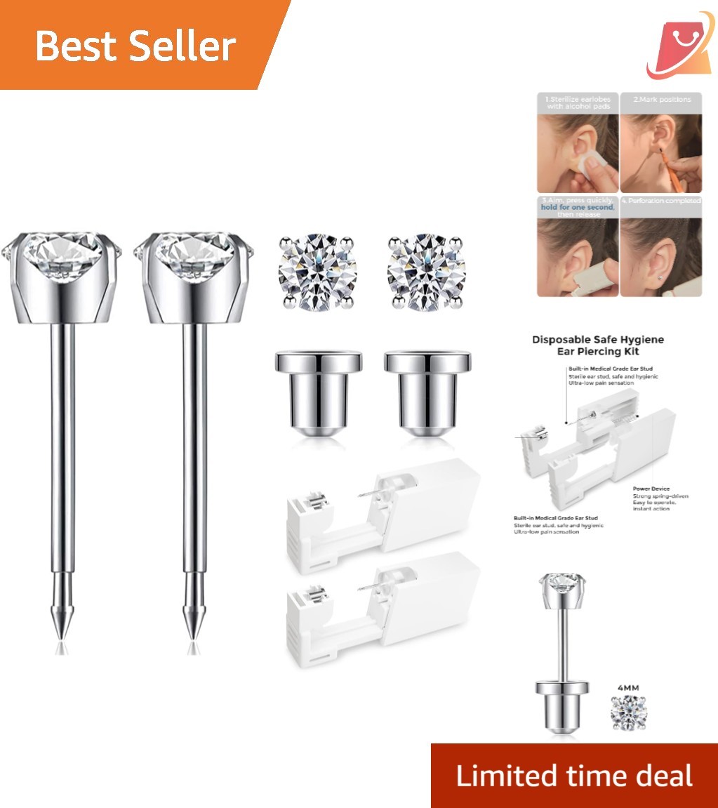 Ear Piercing Kit Disposable Surgical Steel 4mm Cubic Zirconia Safe at Home