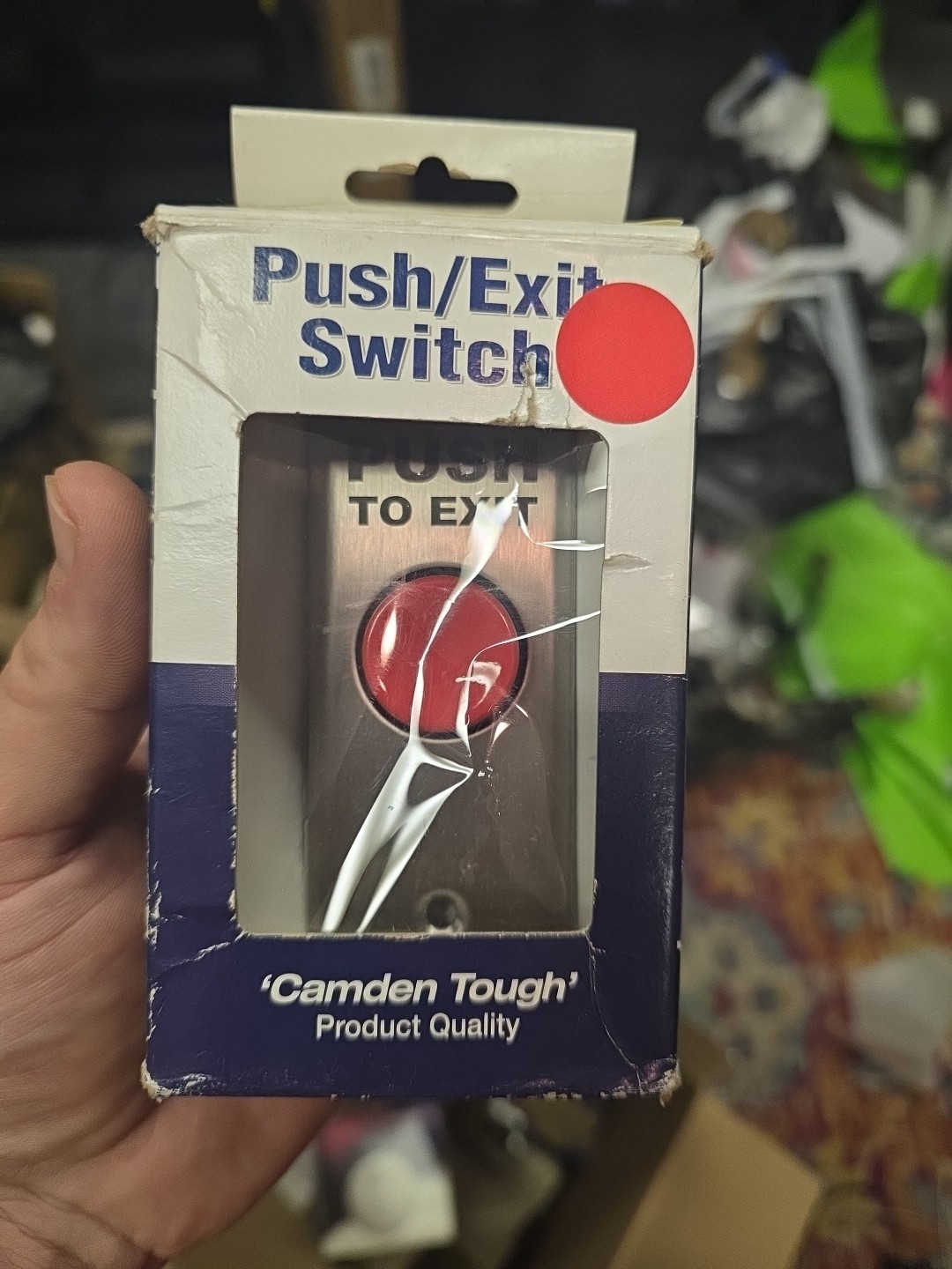 Camden CM-250-7 Switch with Narrow Faceplate, 'PUSH TO EXIT', Black Text