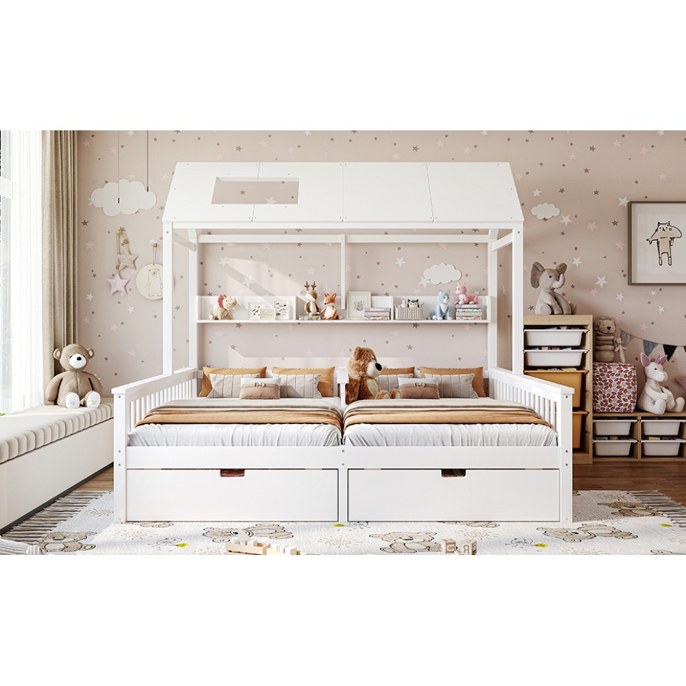 White Double Twin Platform Bed w/ Storage Shelves & Drawers