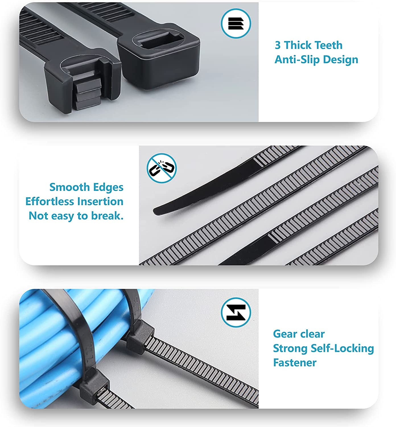 Zip Ties Assorted Sizes(4”+6”+8”+12”), 400 Pack, Black Cable Ties, UV Resistant