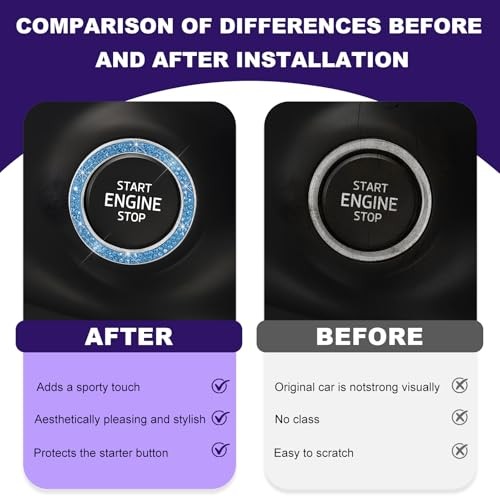 2PCS Car Bling Engine Start Ring Decal, Crystal Auto Push Start Light Blue