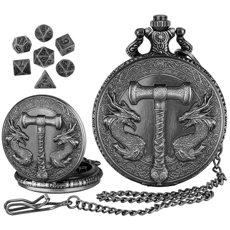 7pcs Mini Solid Metal Polyhedral Dice Set for RPG in Dragon Pocket Watch Case