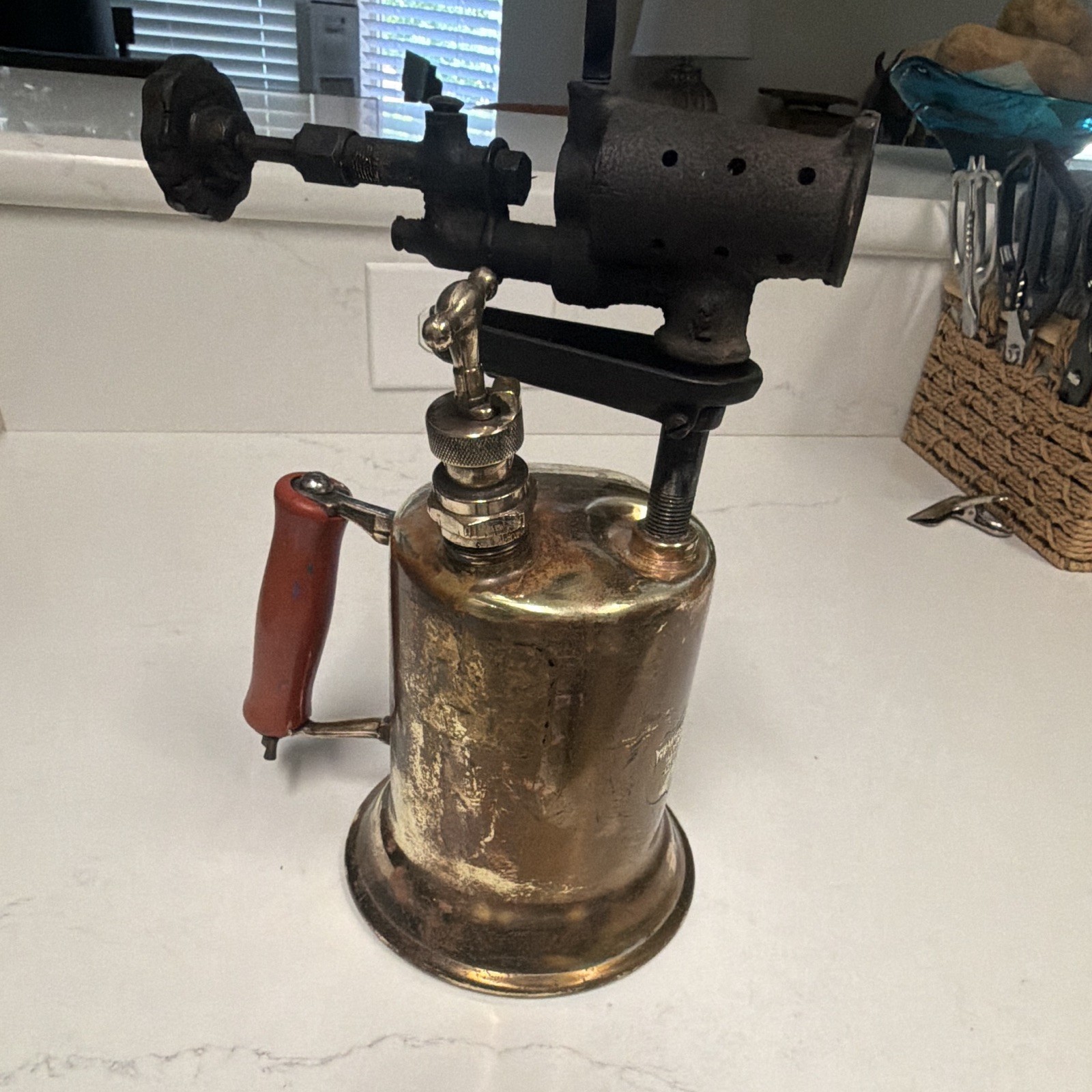 Clayton & Lambert Vintage Brass Blow Torch 11' Red Wooden Handle