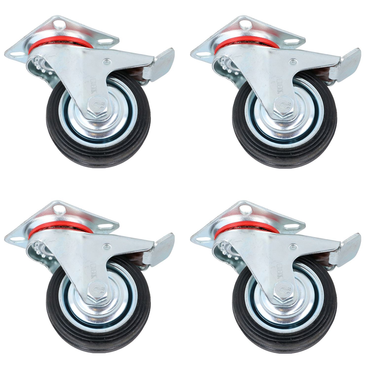3" / 75mm Rubber Swivel Trolley Castor Wheel With Brake For Furniture 4 Pack