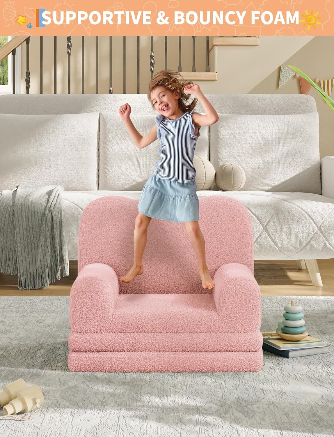 Kids Couch, Folding Sofa Bed, Kids Girls Chair, Fold Out Chair to Lounger Pink