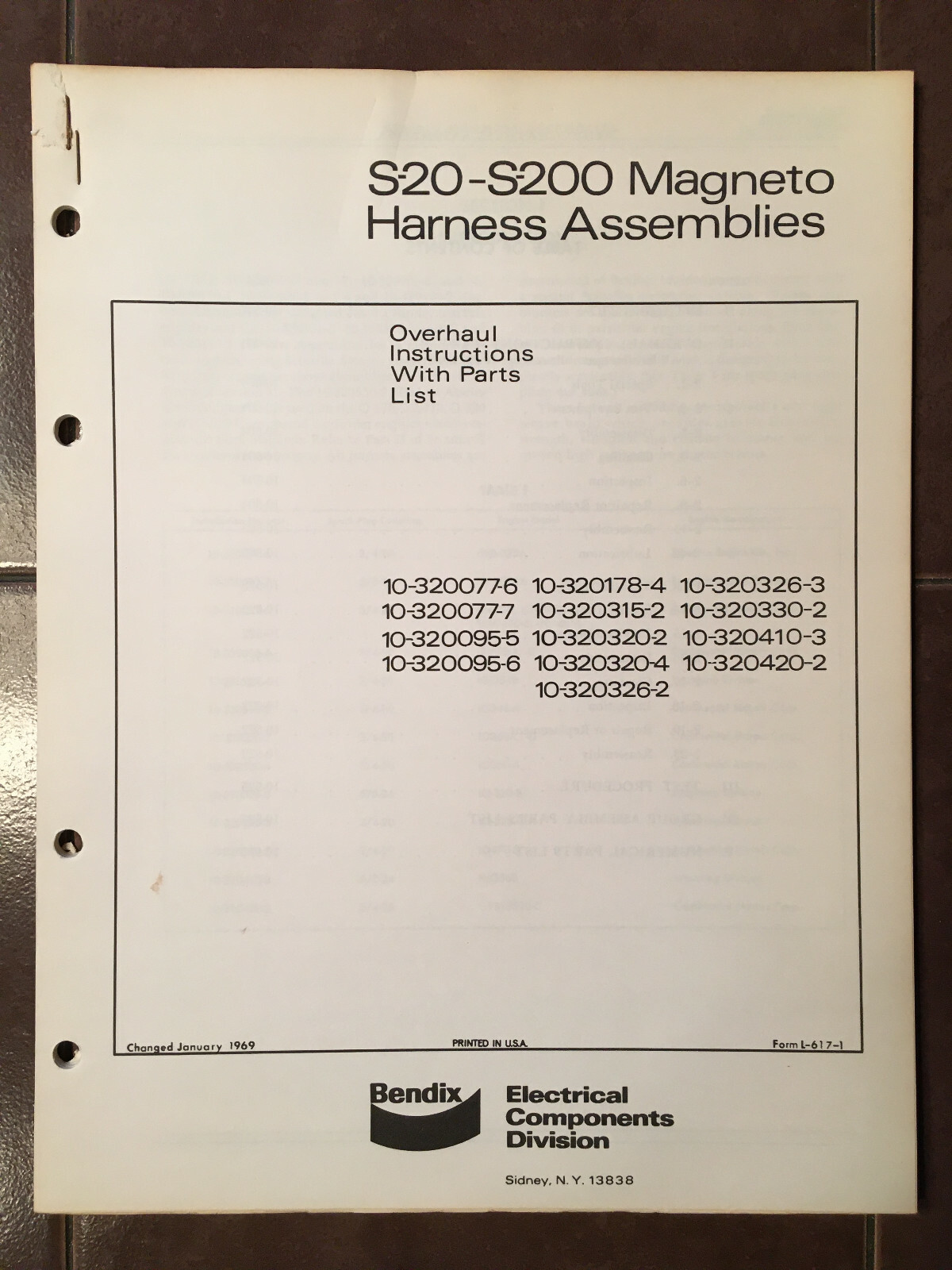 Bendix S-20 & S-200 Magneto Harness Overhaul & Parts Lists Instructions