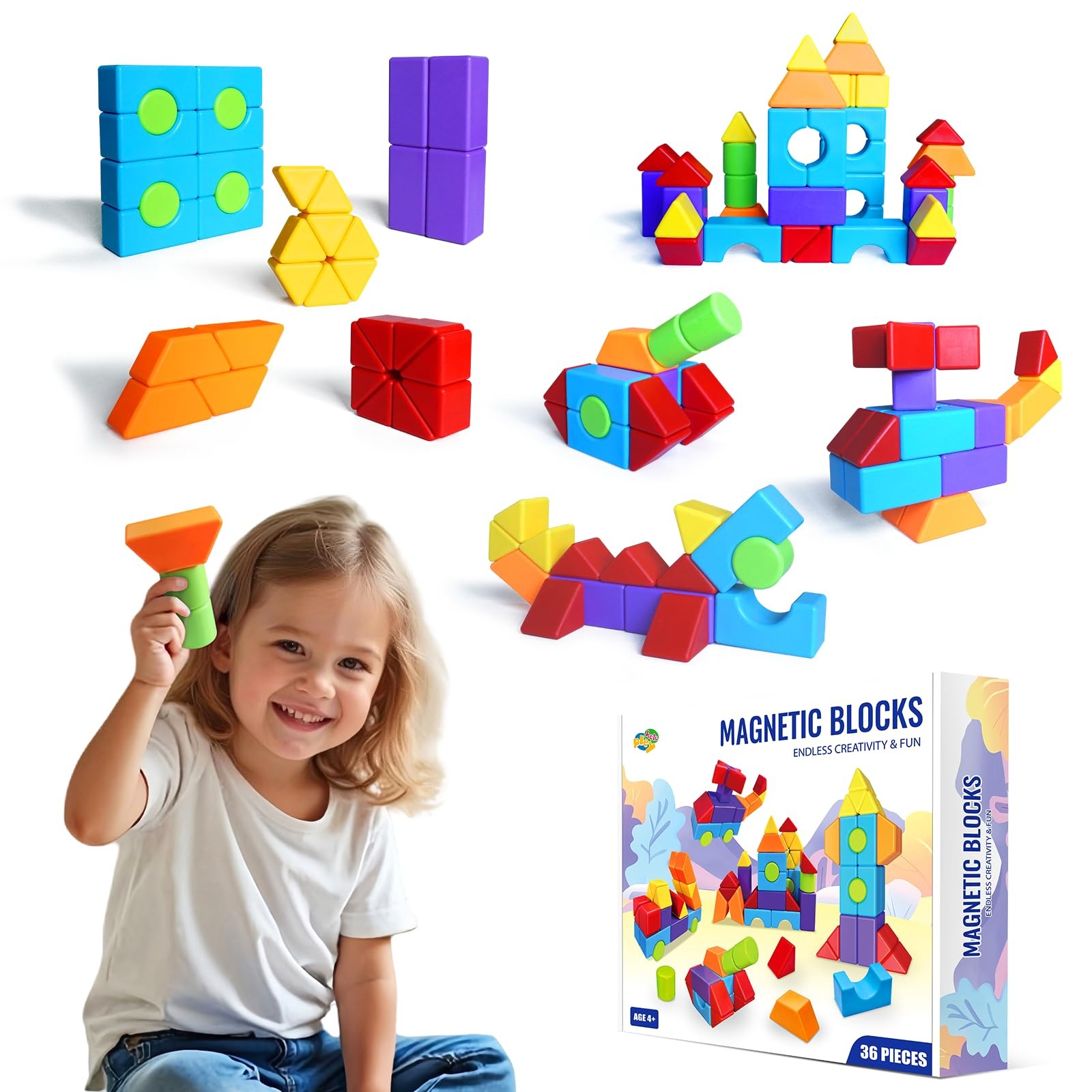 Pleykele Magnetic Building Blocks in Multiple Shapes, 1.65 Inch Montessori Magne