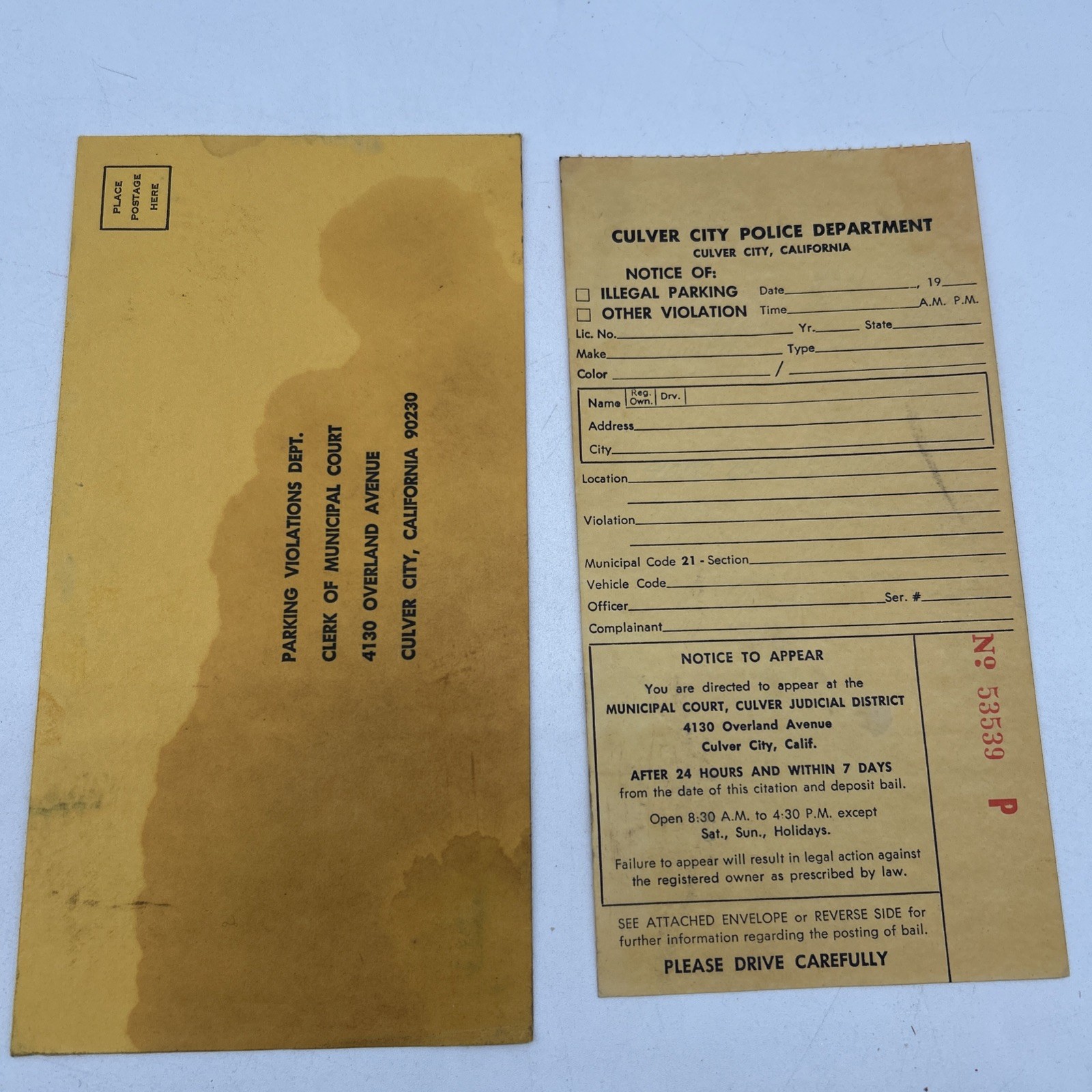 Culver City Police Department California Unused Parking Ticket