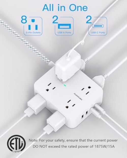 Surge Protector Power Strip - 8 Outlets 4 USB (2 USB C) Charging 5ft White
