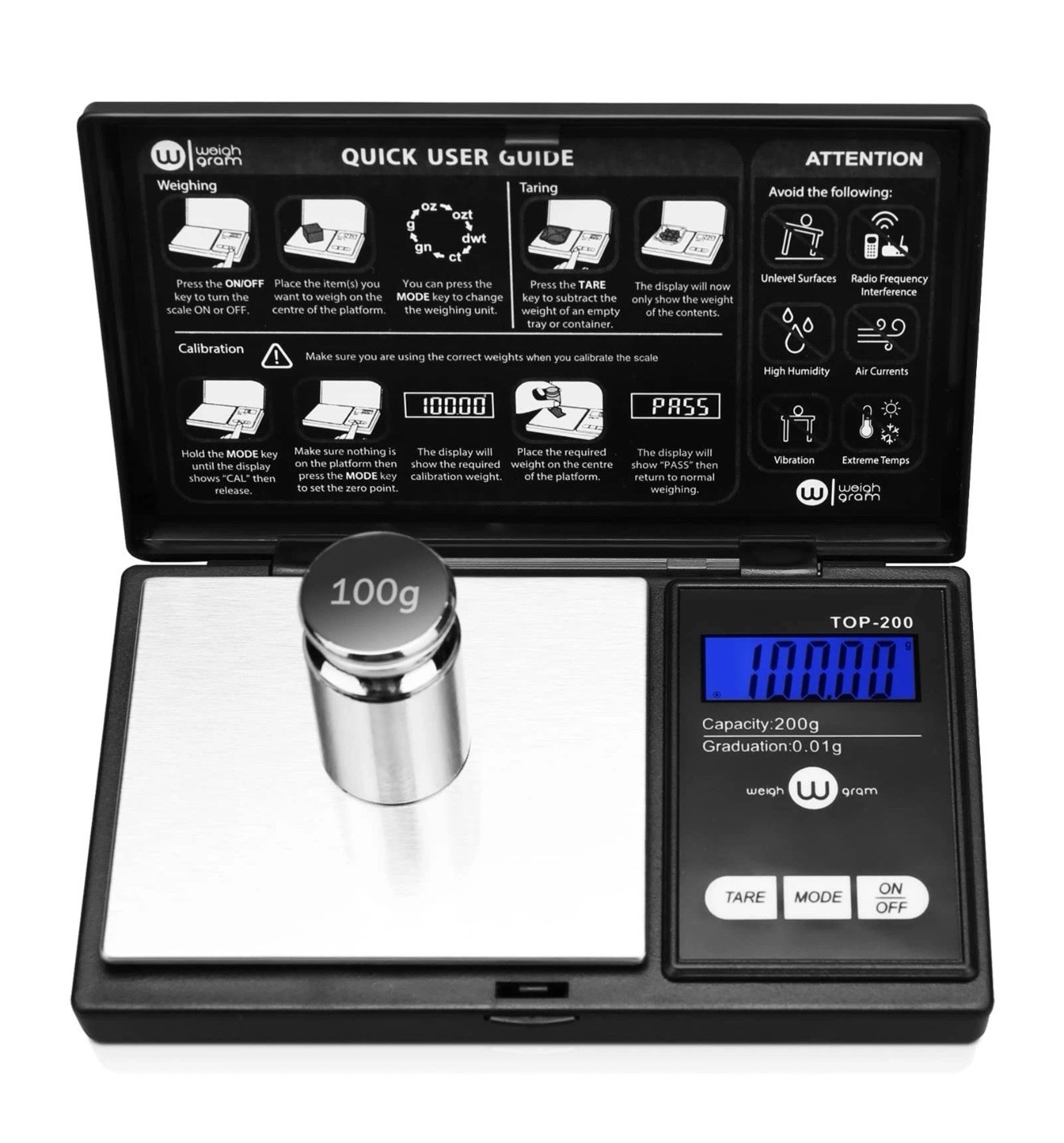 Weigh Gram 200g Digital Pocket / 0.01g (Model: TOP-100), Black