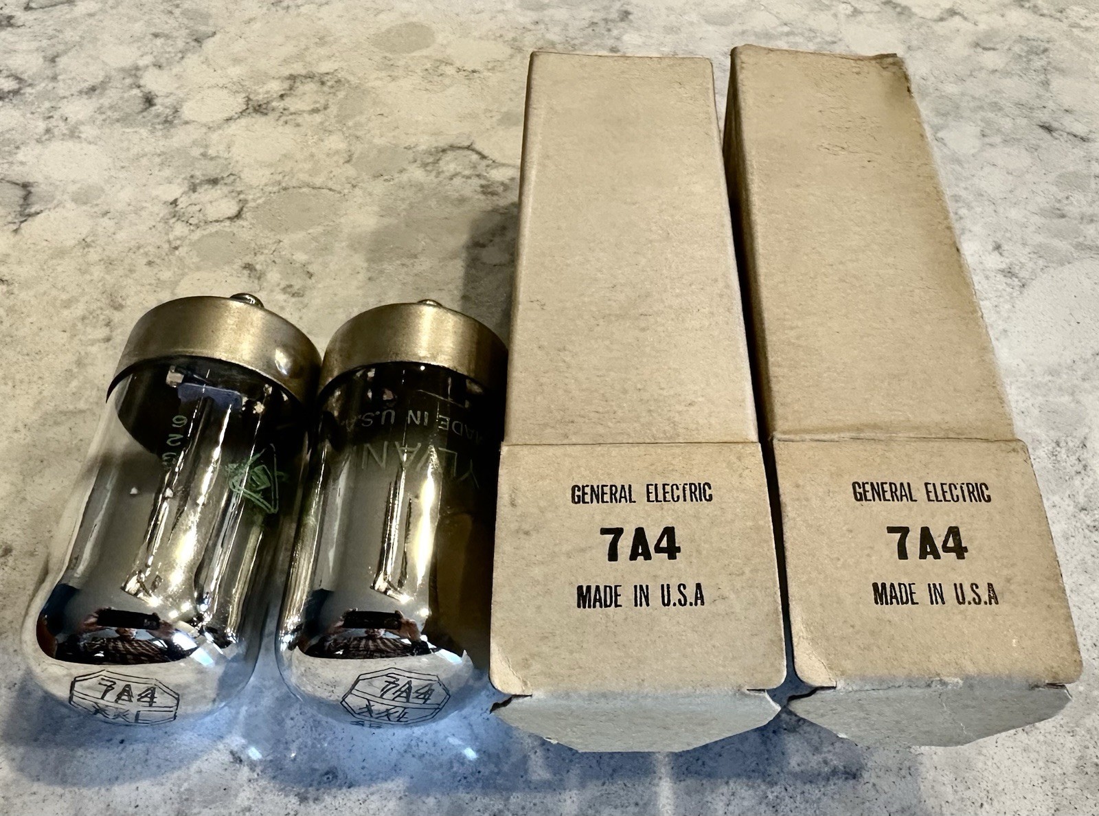 Set Of 2 Sylvania USA 7A4 Vacuum Tube Bulbs Untested In GE Boxes Military? Issue