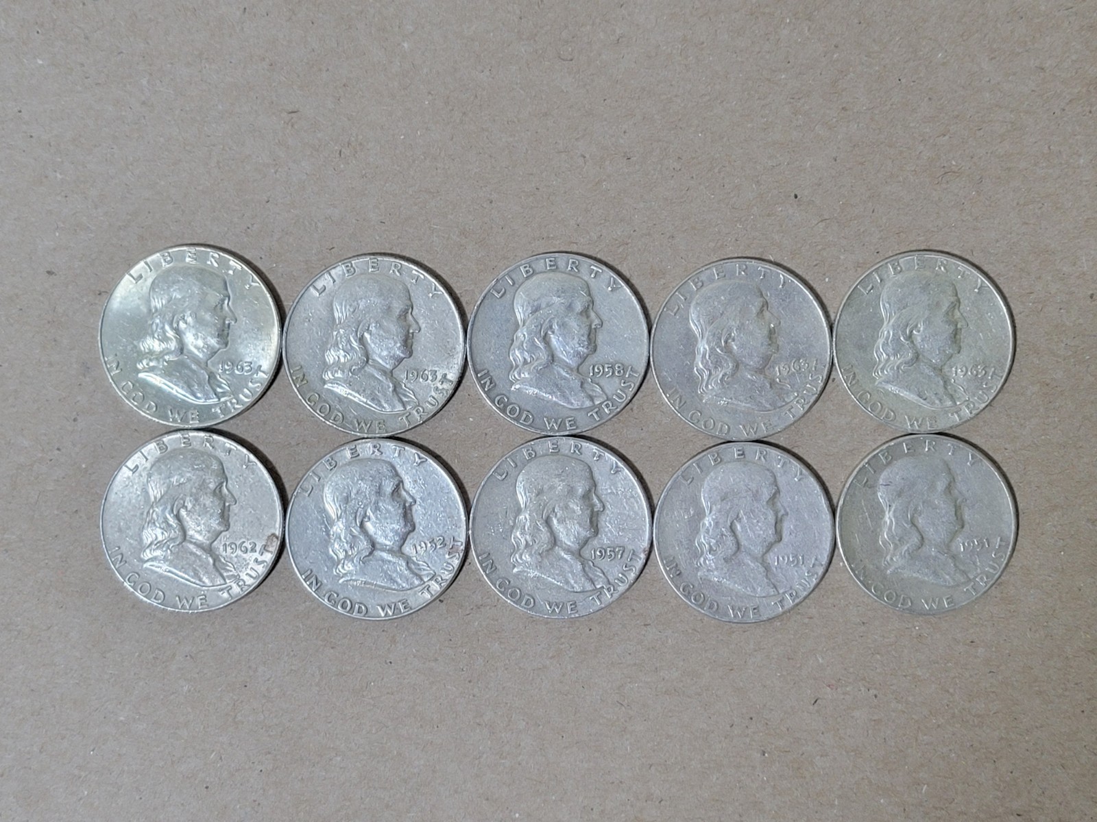 Lot of 10 Franklin Half Dollar Coins - 90% Silver - 1963 and Prior - Circulated