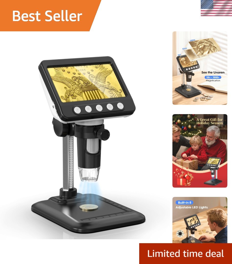 Coin Microscope, 4.3" LCD USB Digital Microscope 1000X Coin Magnifier with 8 ...