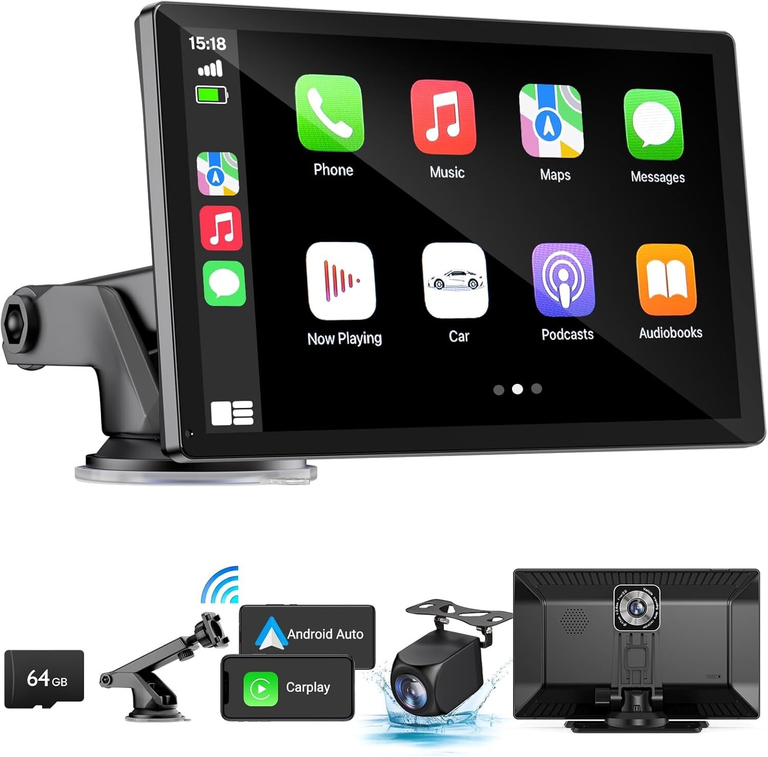 Wireless Apple Carplay Screen for Car 4K Dash Cam, 9" Portable Apple Carplay