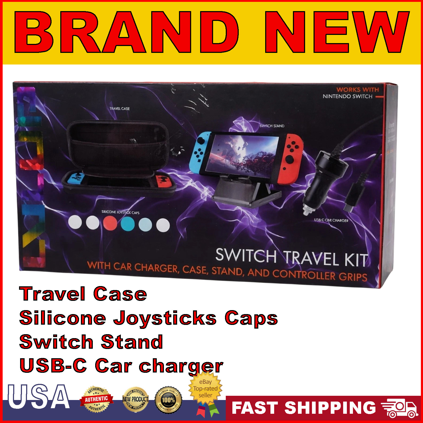 Nintendo Switch Travel Kit With Car Charger Case Stand & Controller Grips | NEW