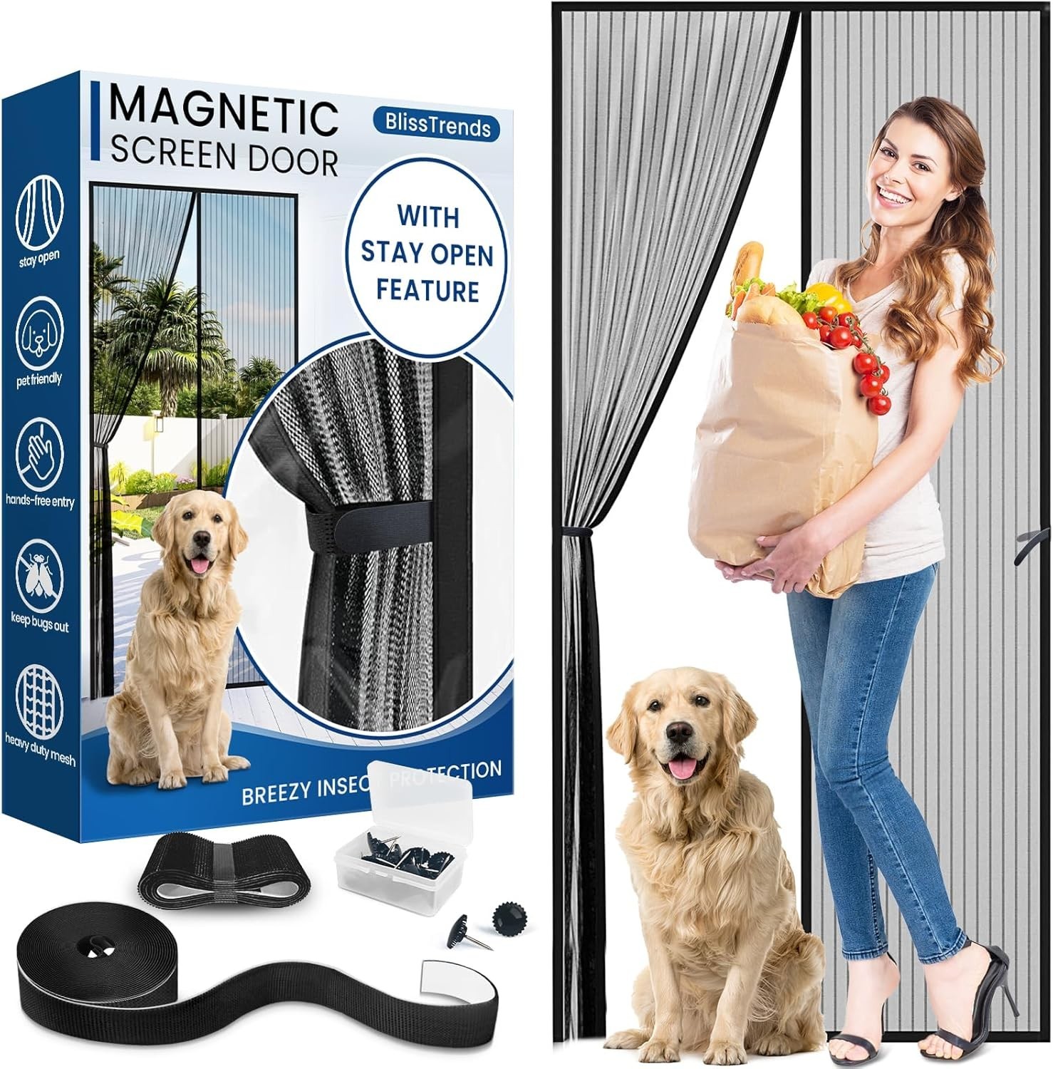 Magnetic Screen Door 34 x 81 inch Black Fits Door Size 32" x 80" Heavy-Duty