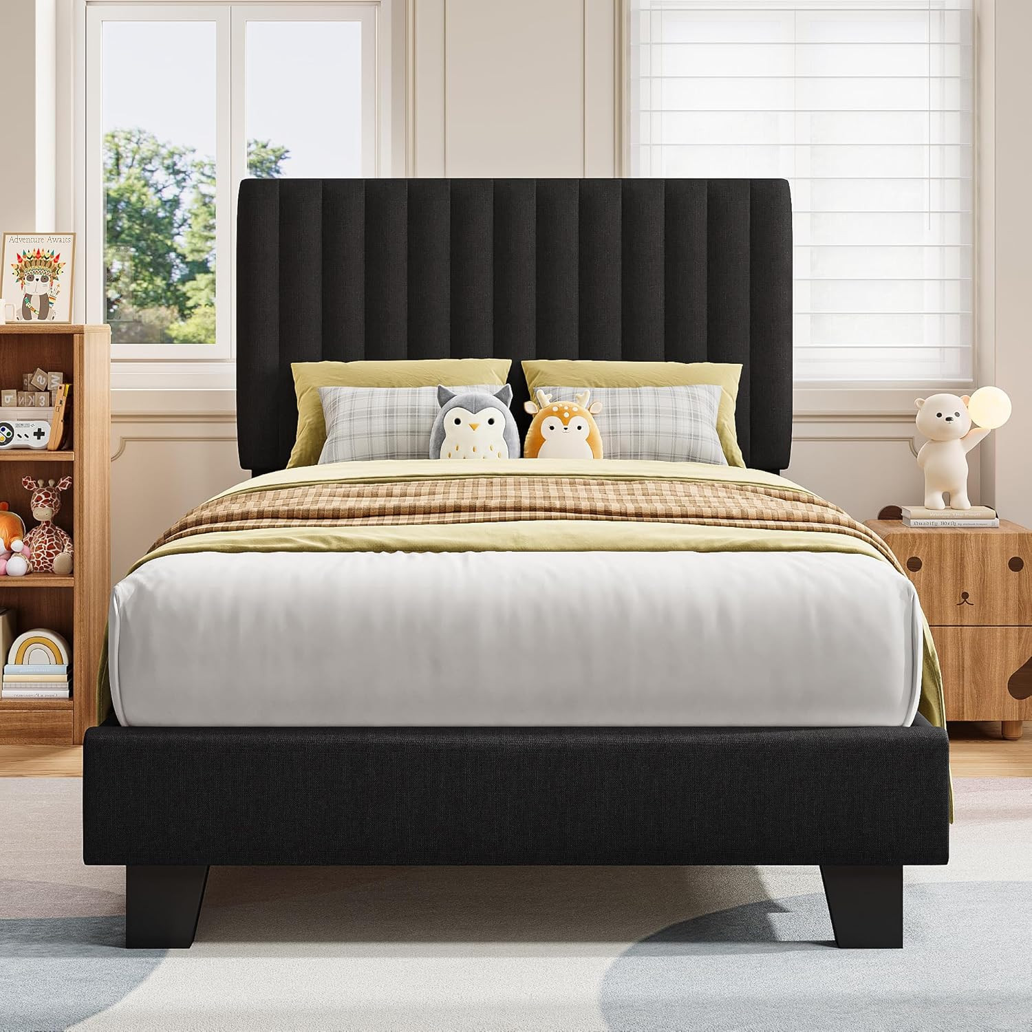 Twin Size Bed Frame, Upholstered Platform Bed with Vertical Linen Headboard, Wid