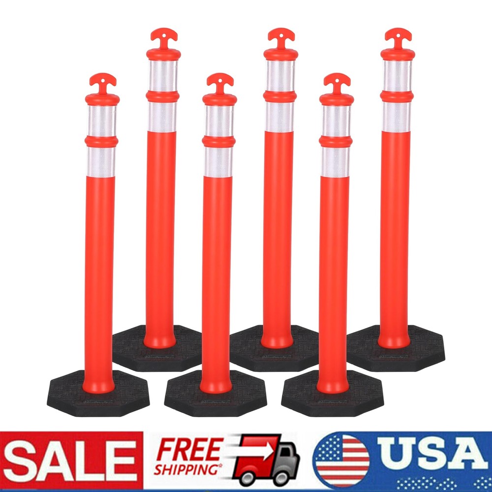 6Pack 42 Inch Delineator Post with Base, Portable Orange Traffic Delineator Post