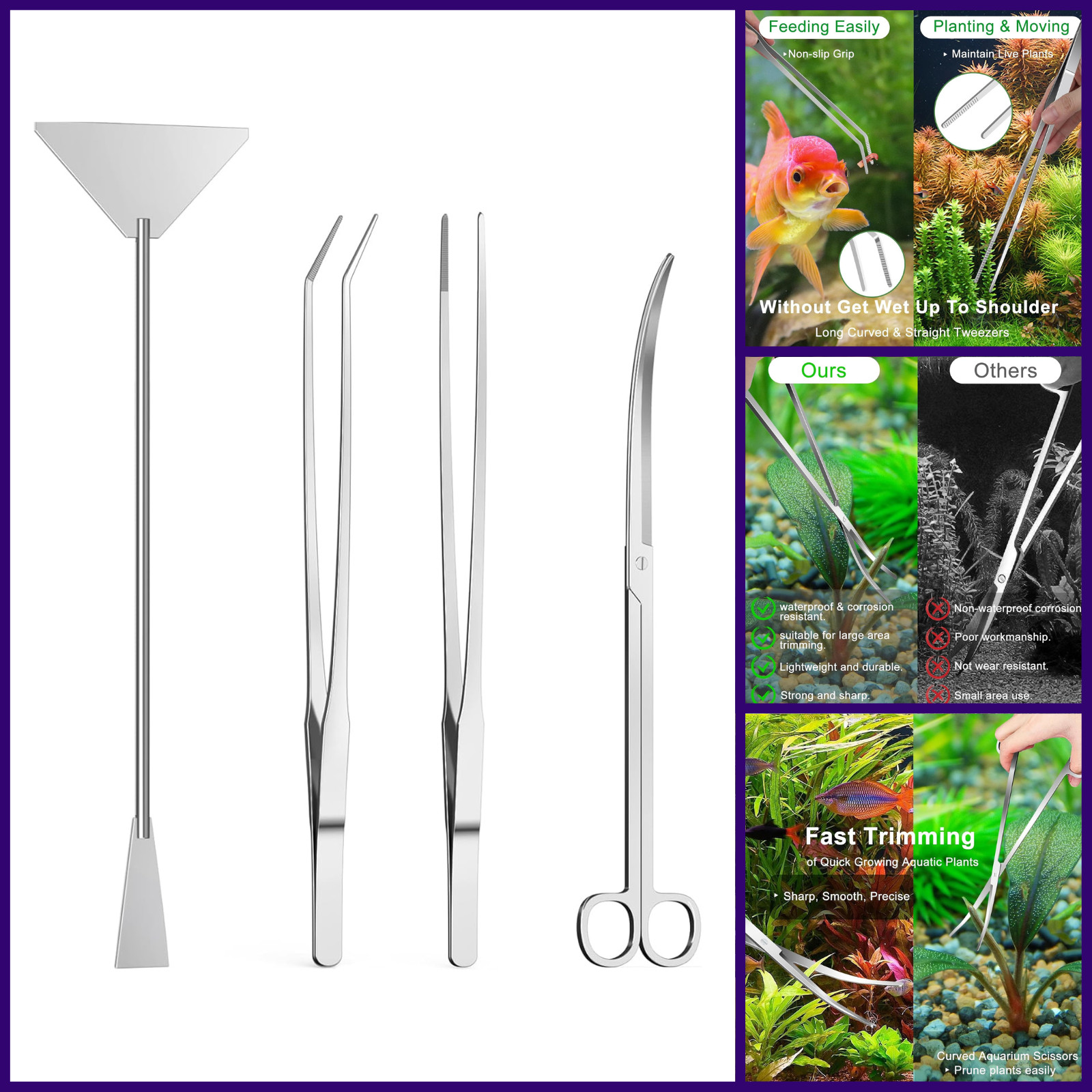Jeimier 4PCS Aquascaping Tools Kit Aquarium Tweezers Scissors Scraper