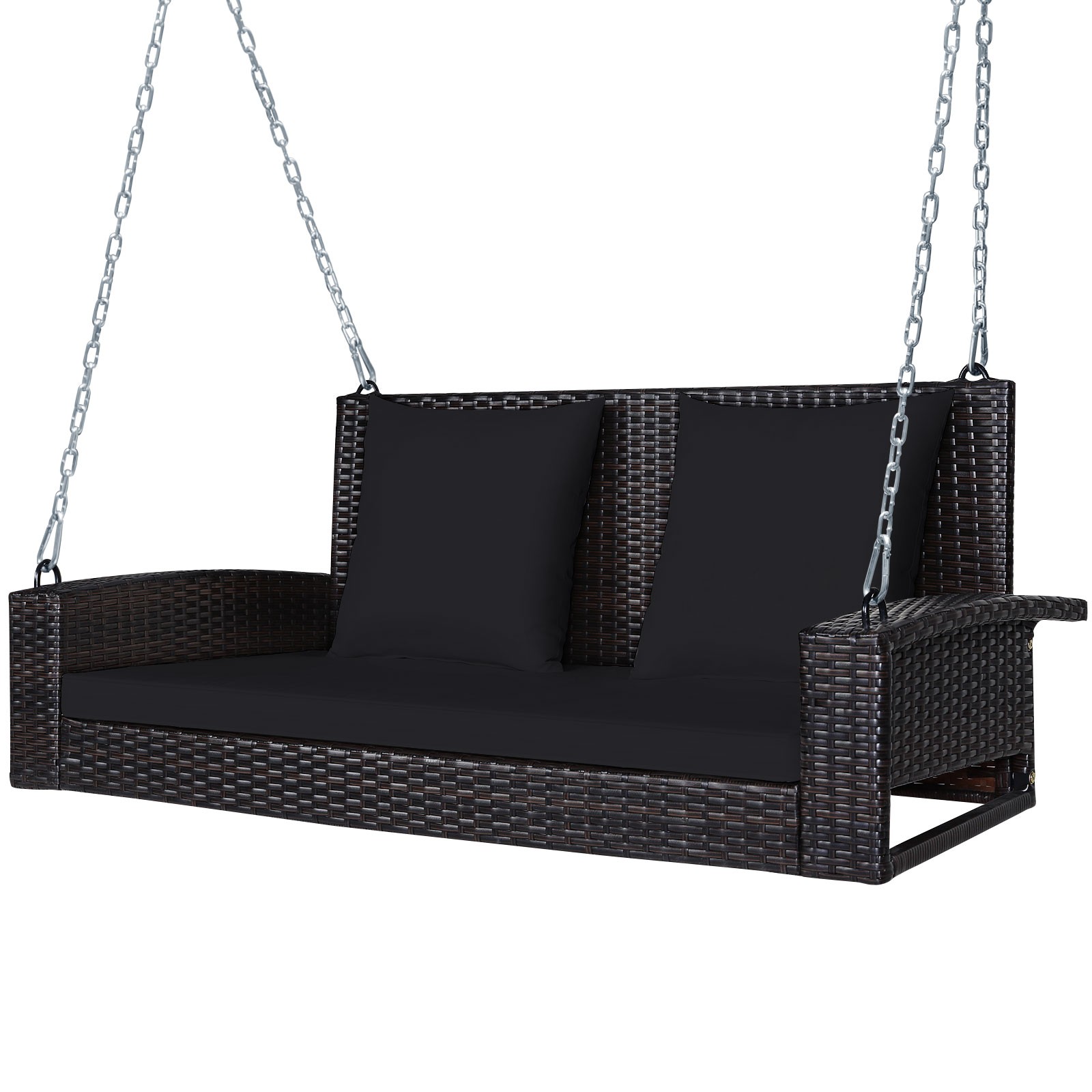 Patiojoy Patio 2-Person Rattan Hanging Porch Swing Bench Chair Cushion Black