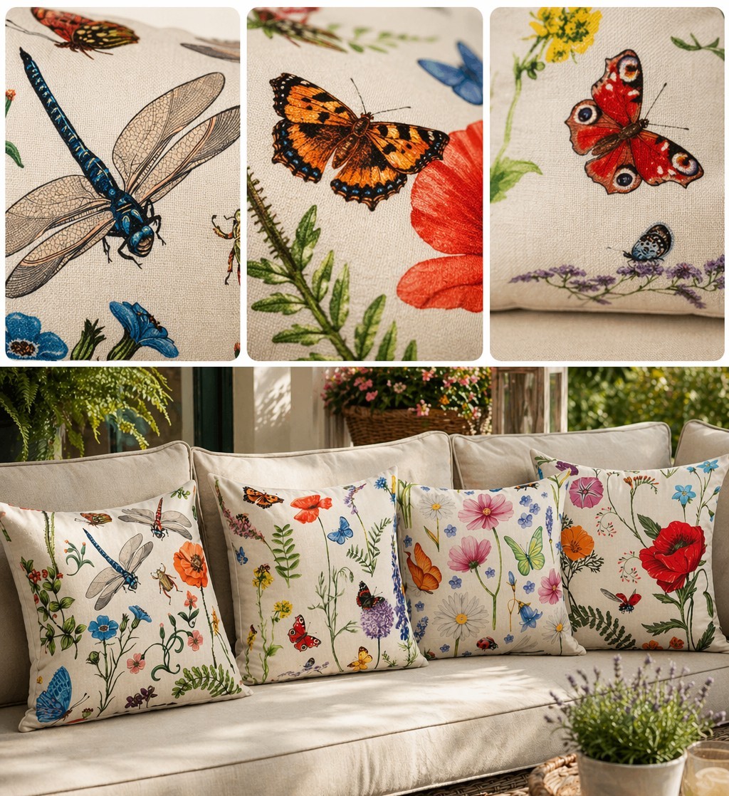 Outdoor Pillow Covers Dragonfly Floral Butterfly Bee Garden, 16x16,  Set of 4