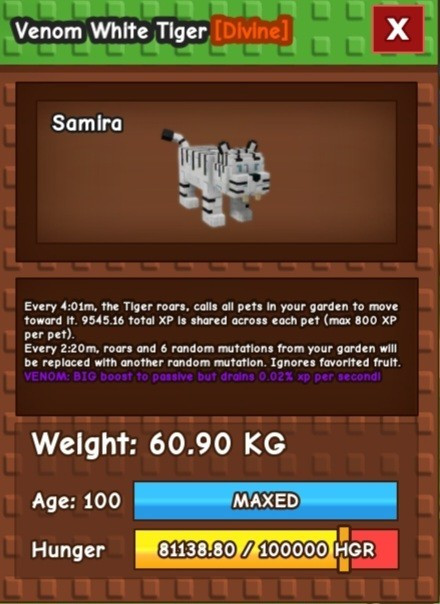 Venom White Tiger HUGE 60.90KG RARE DLC GROW A GARDEN