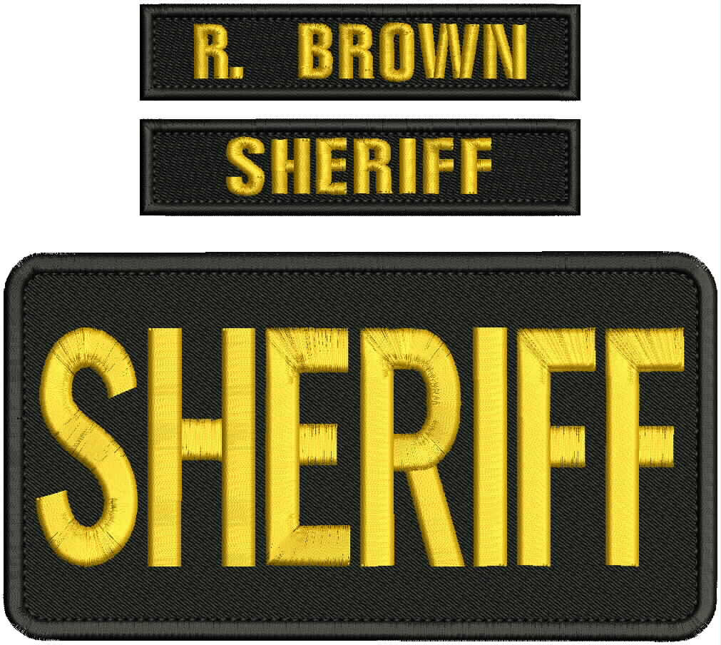 SHERIFF EMBROIDERY PATCH 4x8 and 1x5'' HOOK ON BACK GOLD ON BLACK