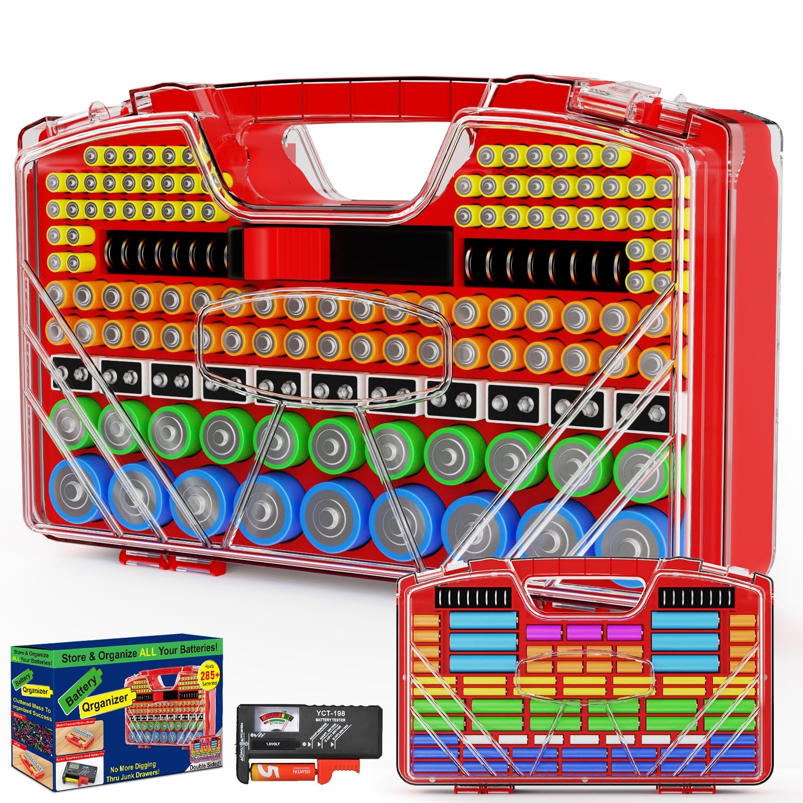 Battery Organizer Storage Holder Box Case with Tester, New Ultra-Large Red