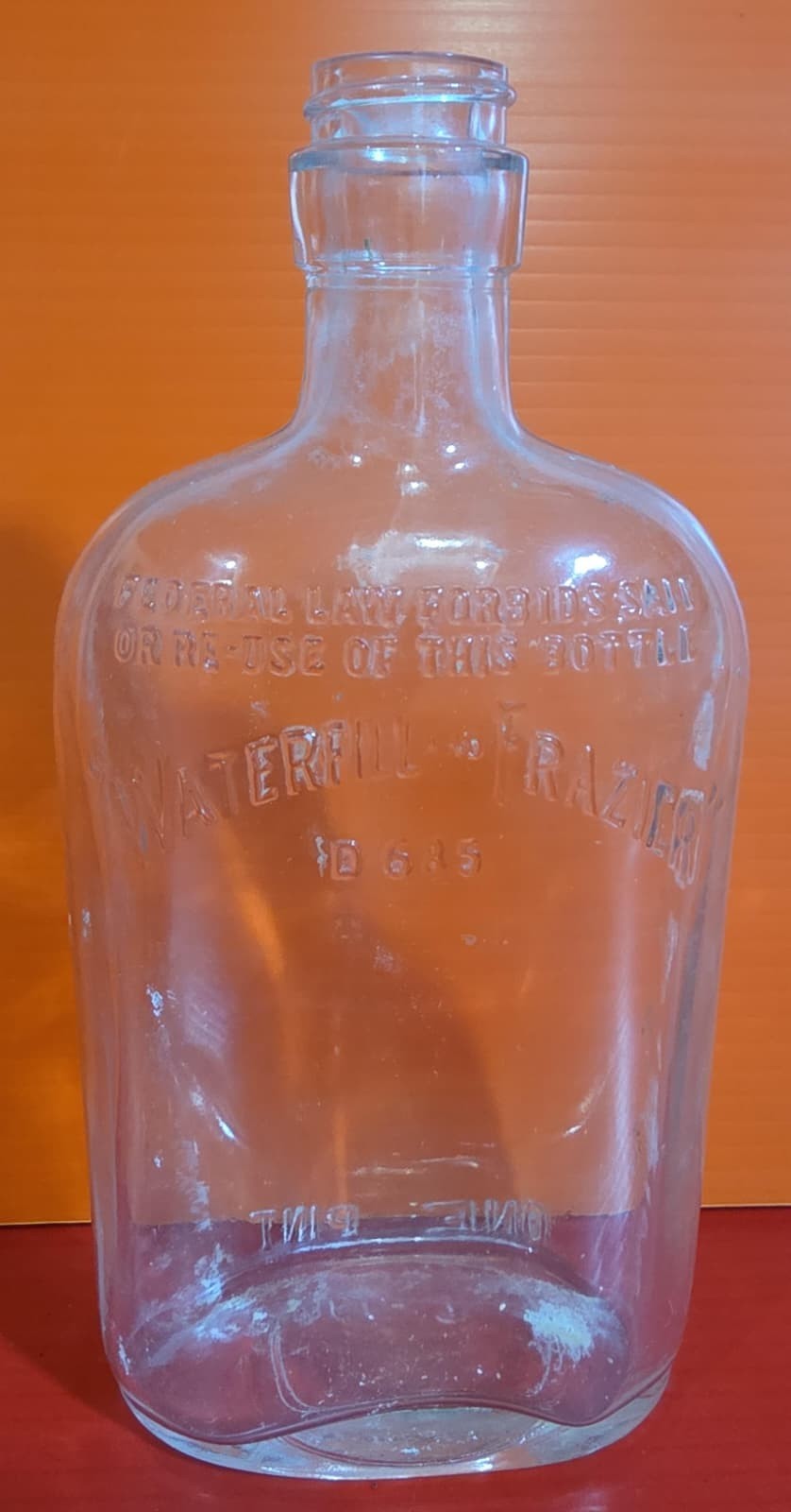 VINTAGE WATERFILL AND FRAZIER ONE PINT CLEAR BOTTLE