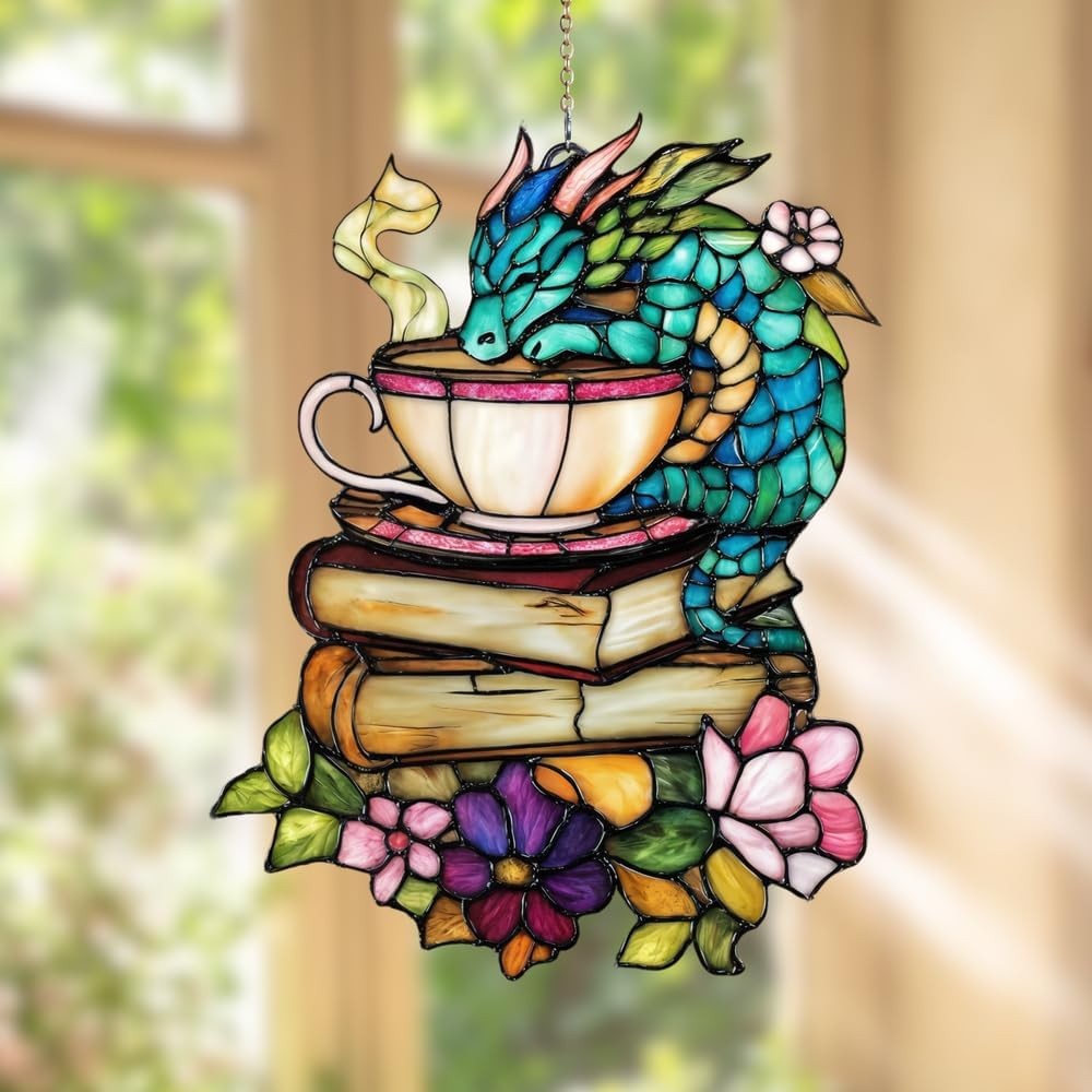 Book Dragon Handmade Artisan Resin Sun Catcher Stained Glass Effect Ornament