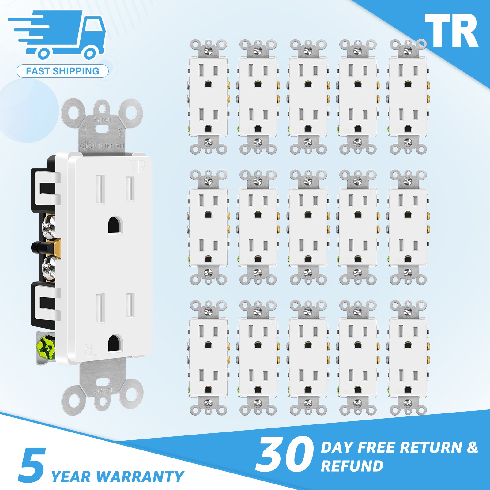 16PCS Residential 15A Outlet TR Self-Grounding Impact-Resistant UL Listed White