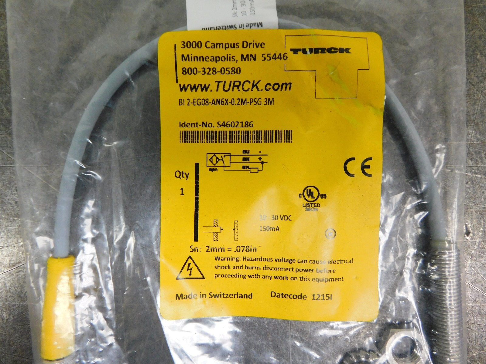 TURCK BI2-EG08-AN6X-0.2M-PSG3M Proximity Sensor, Embeddable, 3-wire