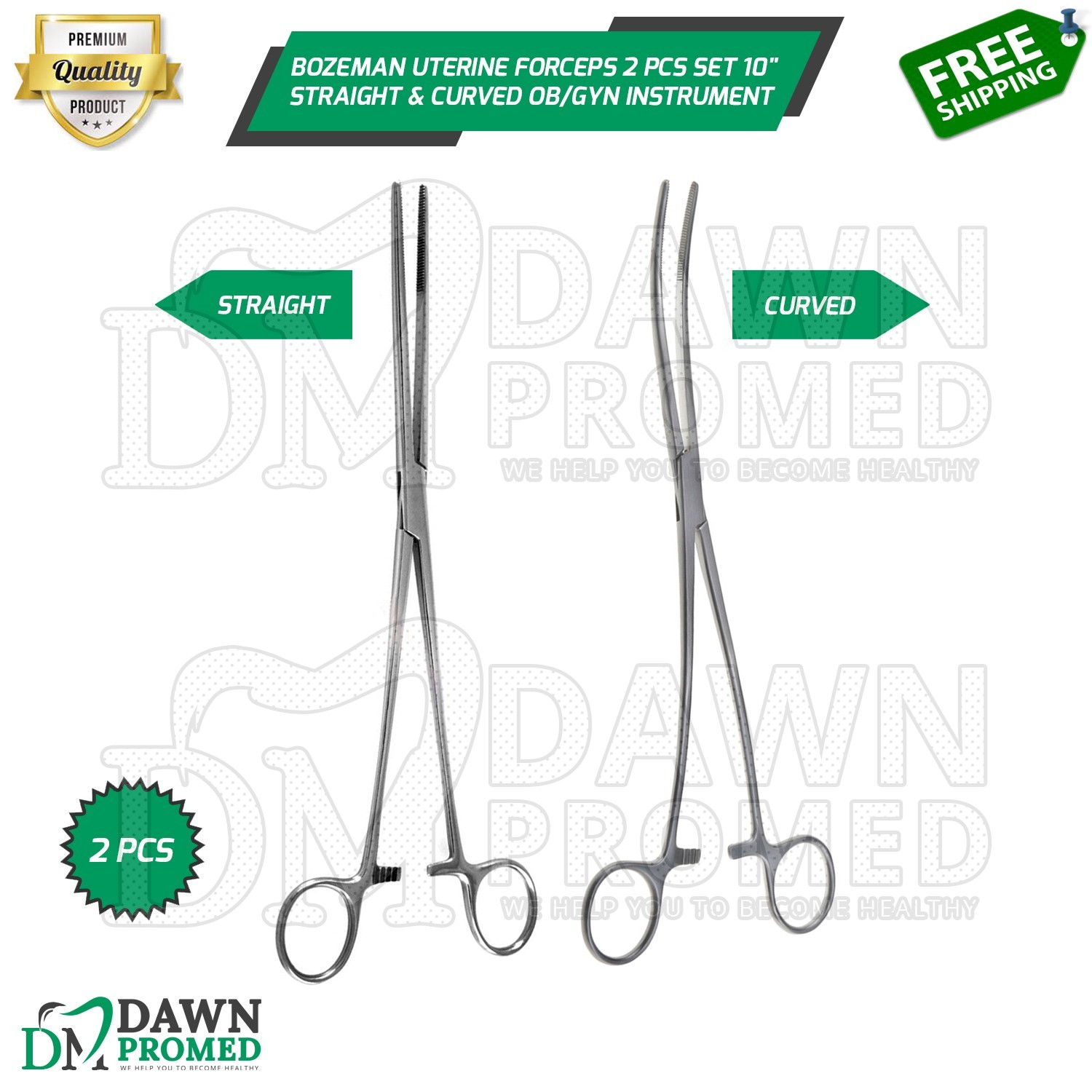 Bozeman Uterine Forceps 2 Pcs Set 10" Straight & Curved OB/GYN Inst German Grade