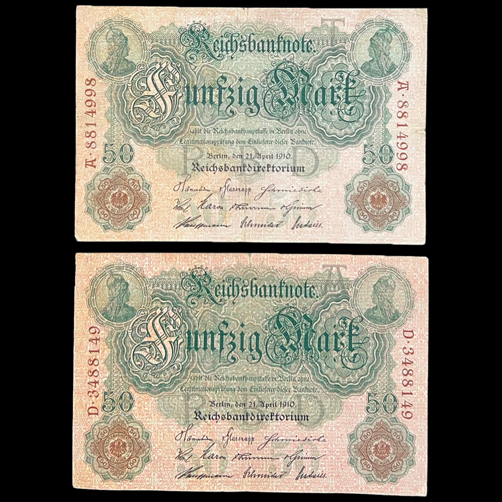 2x 1910 Germany 50 Mark Banknote Great War Kaiser Paper Money Reich Old Antique