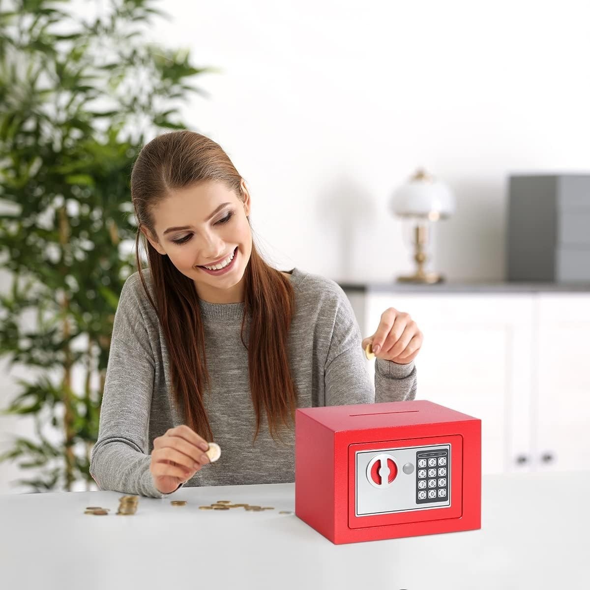 Red Small Safe Box for Money - 0.23CF Mini Safe Electronic Keypad Home Safety