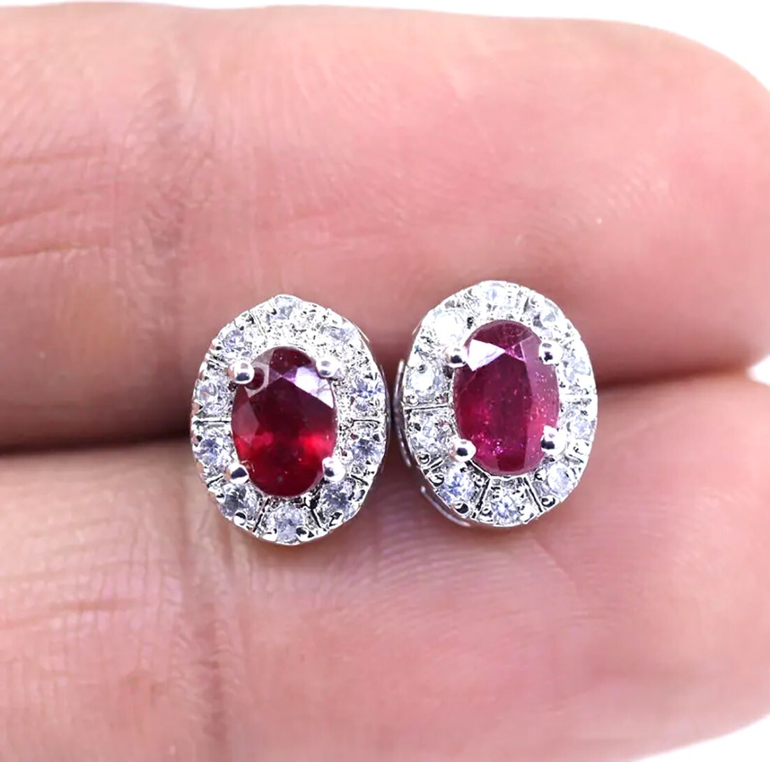 Natural Ruby Ear Studs, Silver Solitaire Stud Earrings, July Birthstone Earring.