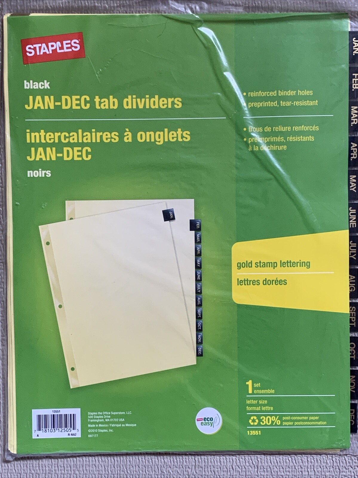Staples Jan - Dec Monthly Leather Gold Letters Tab Dividers 12-Tab Black 13551