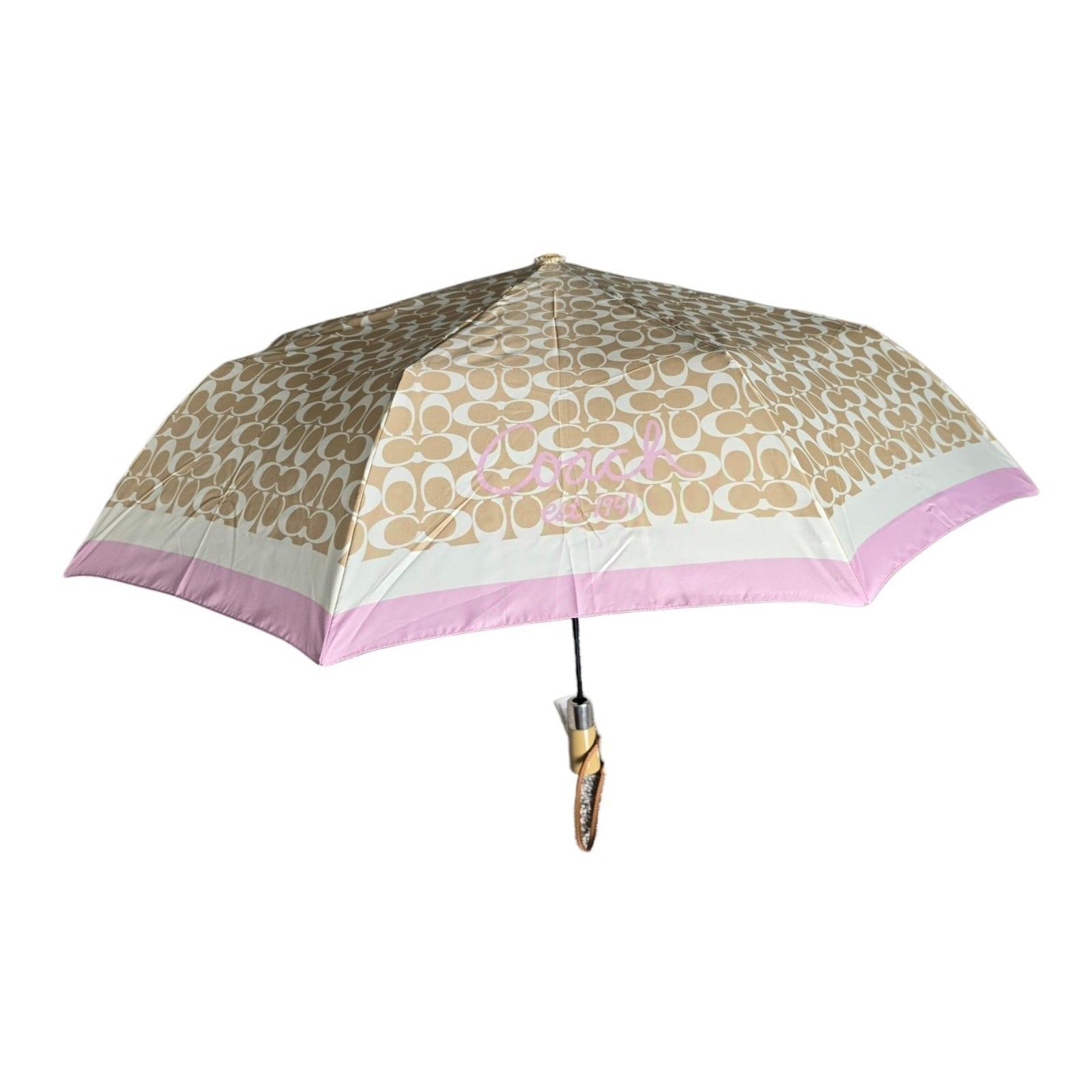 NWT Coach Y2K Chelsea Signature Compact Umbrella in Khaki Toffee Pink F60588