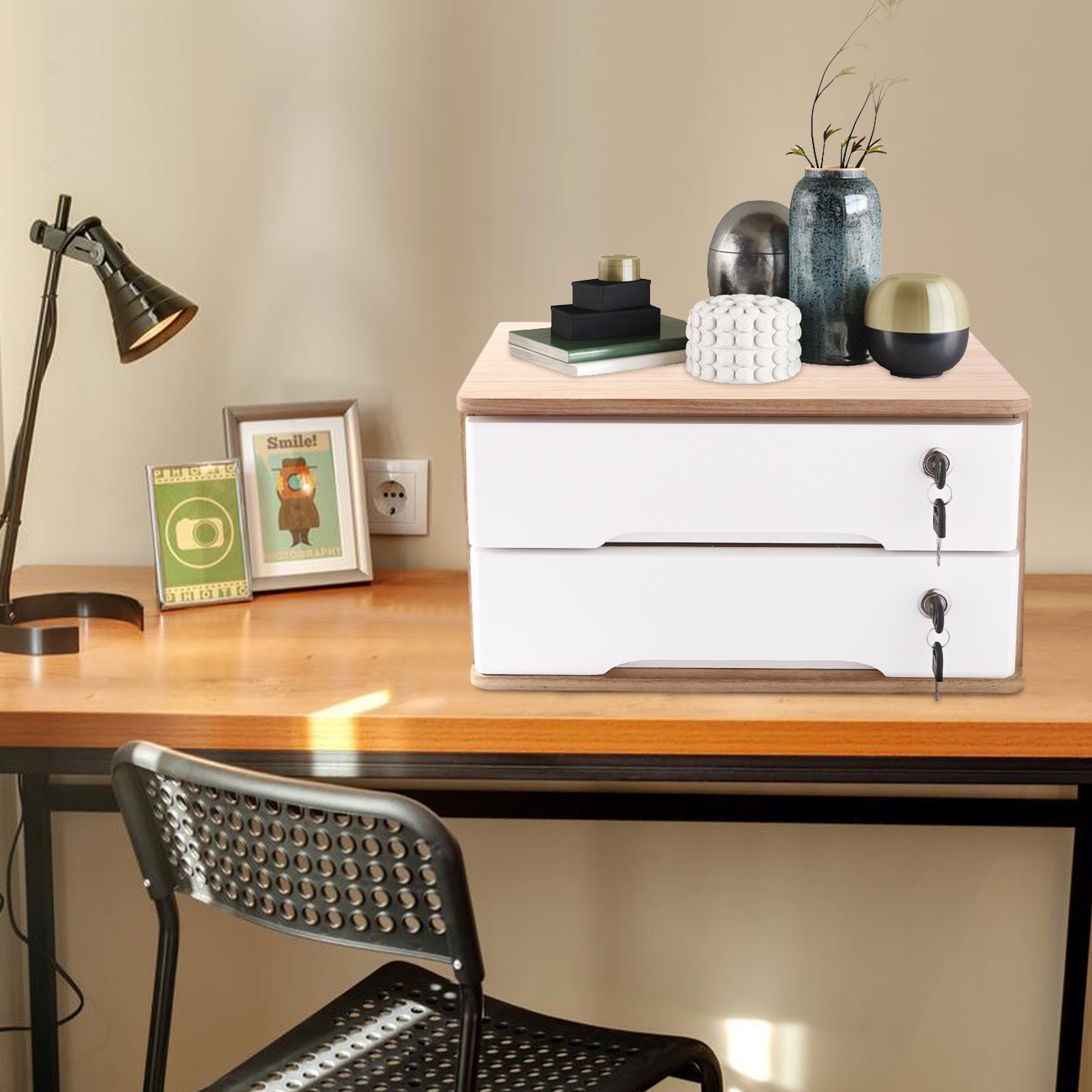 2-Tier Wood Desktop Storage Box Rectangle Storage Box with Lockable Drawers