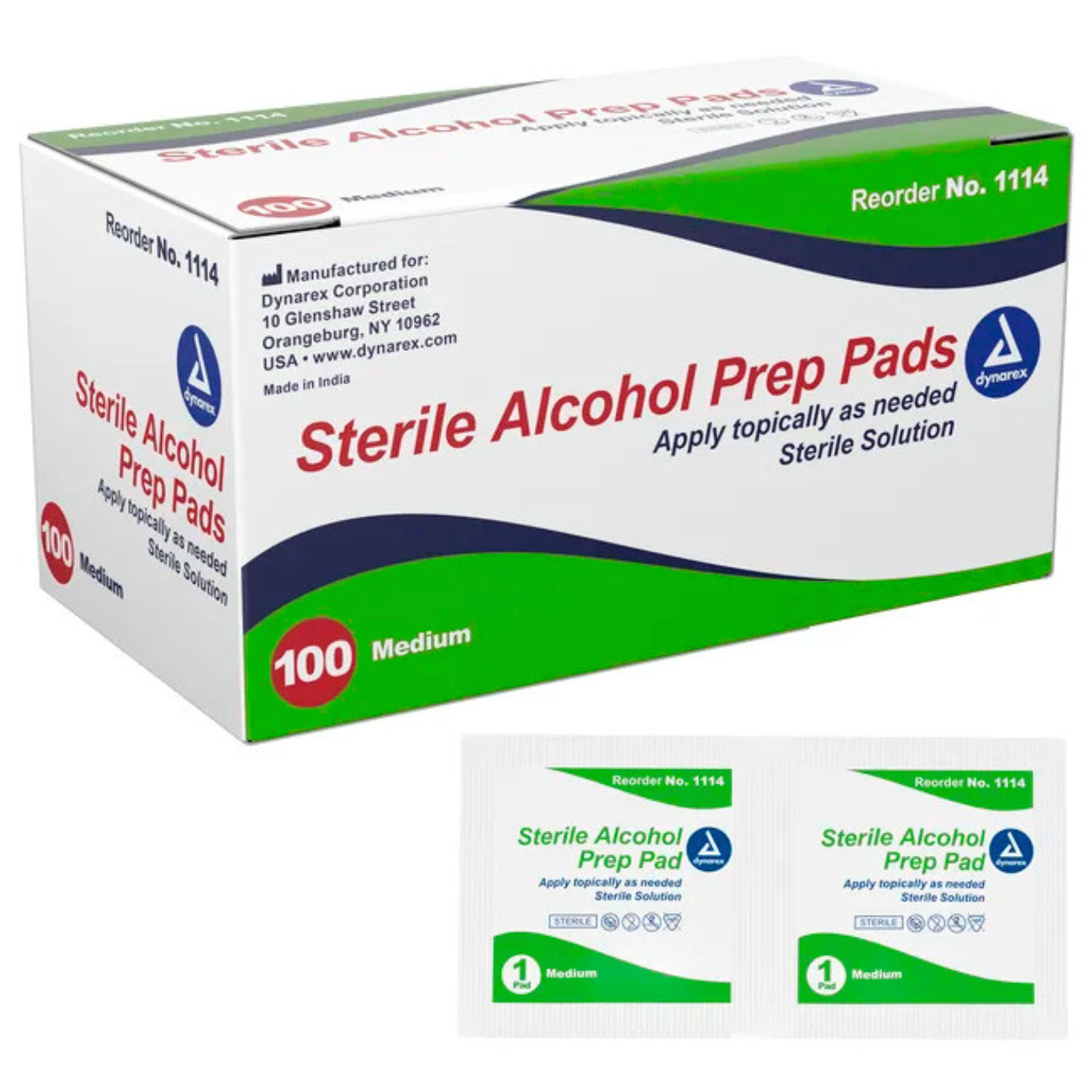 Dynarex Sterile Alcohol Prep Pads, Medium Size - Box of 100