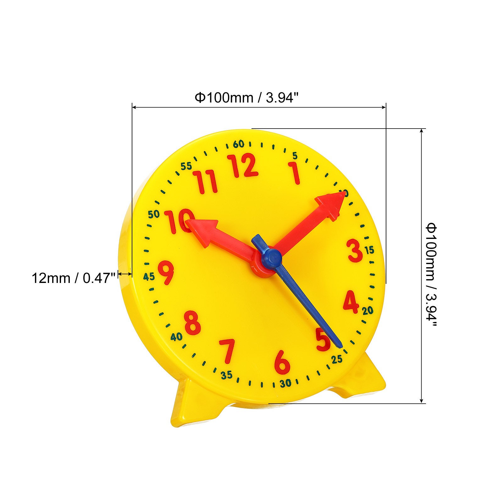 4" Teaching Clock, 12 Hours 3 Movement Indicators Oriented for, Yellow