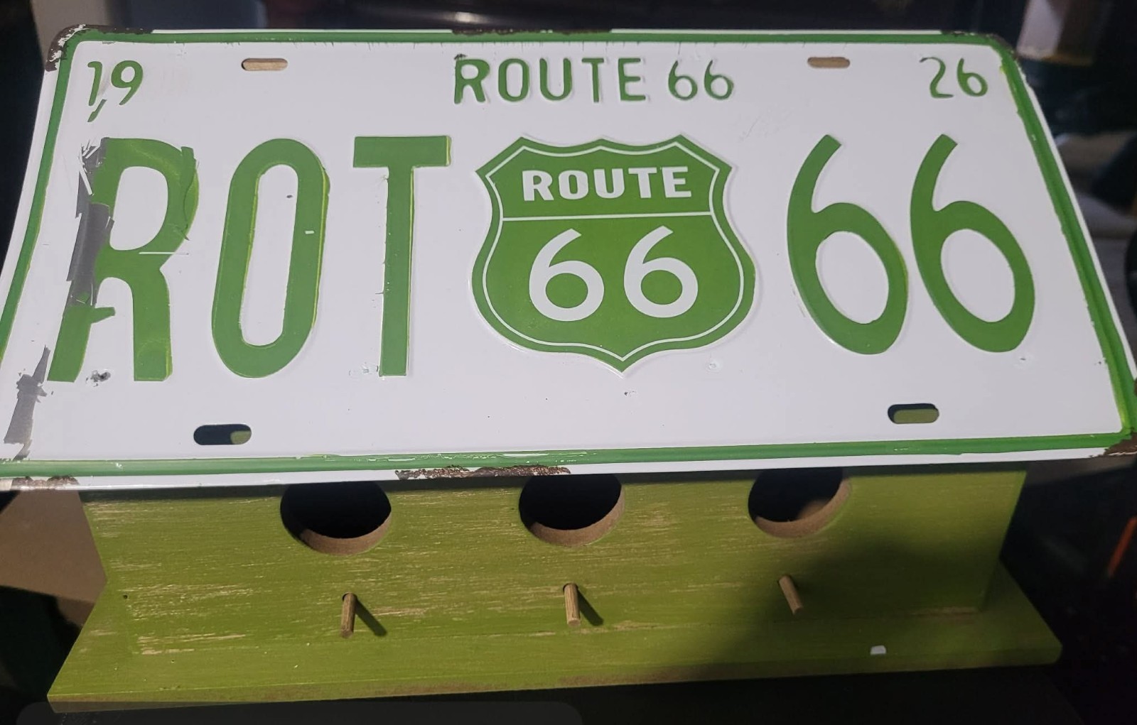 Route 66 "ROT 66" Novelty License Plate Green & White 1926 Design Birdhouse