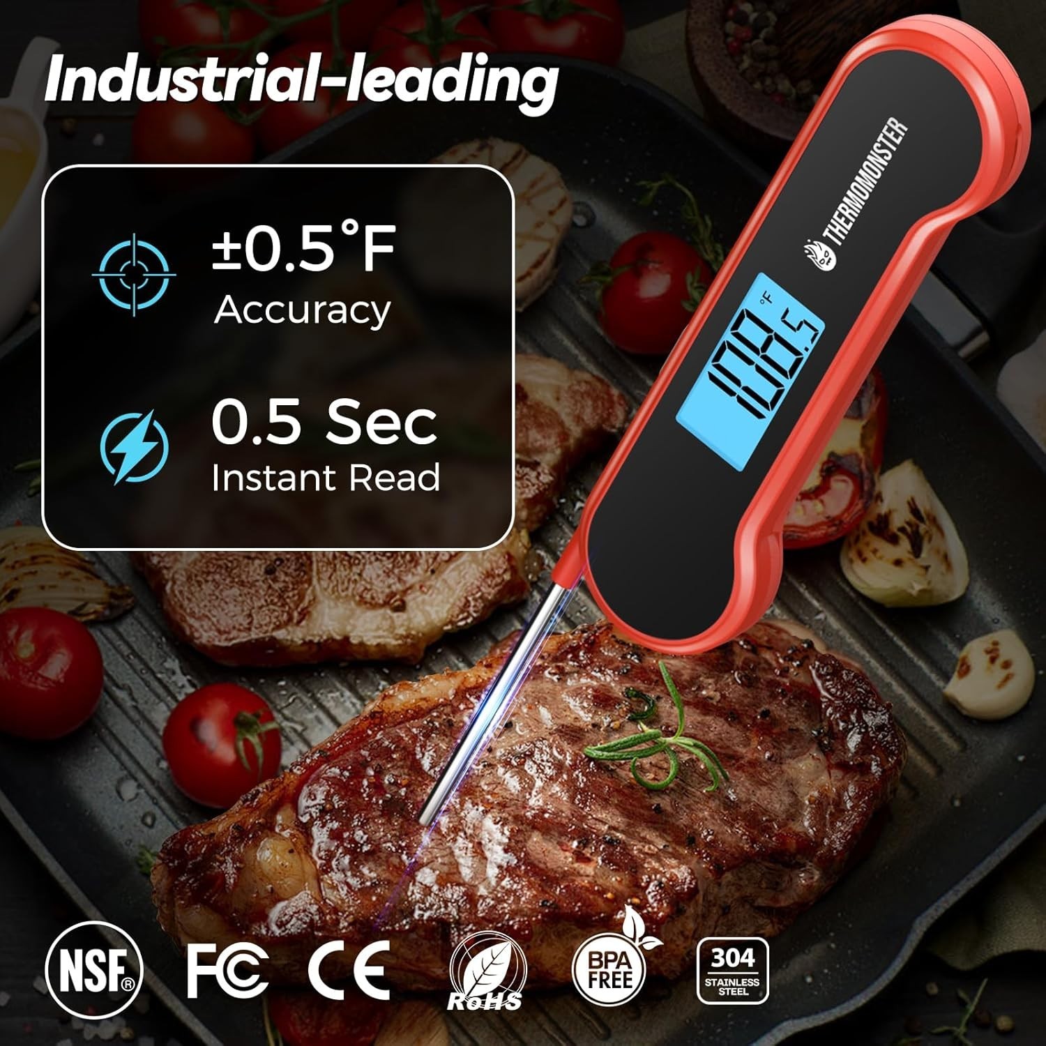 0.5 Sec Instant Read Meat Thermometer Digital with ±0.5℉ Precision, Red | Foo...