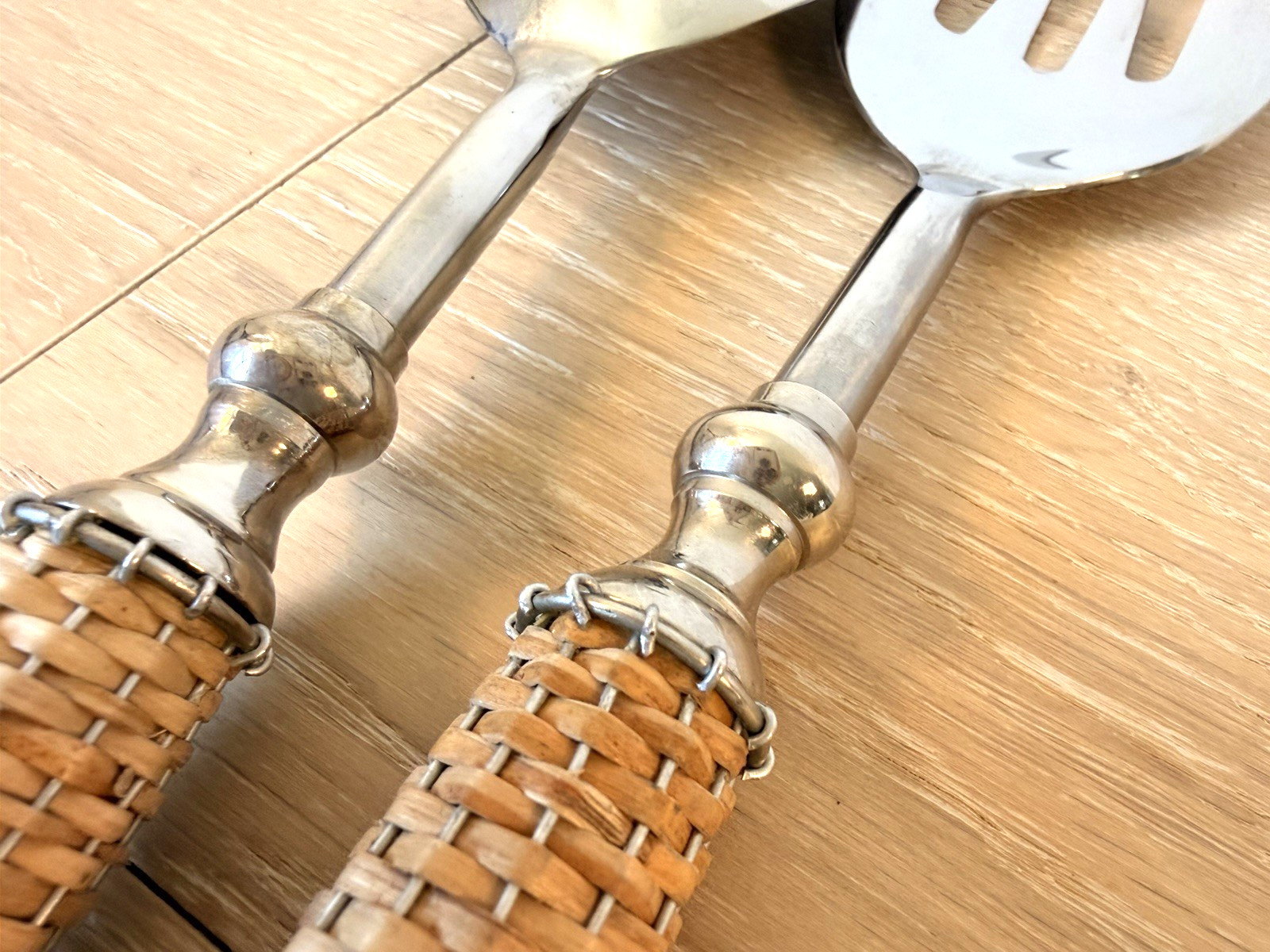 12 Inch Salad Serving Set. Rattan Wrapped Handles