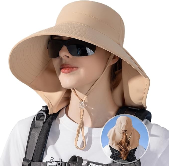 Women's Wide Brim Sun Hat with Neck Flap and Ponytail Hole Beach Garden Chic USA